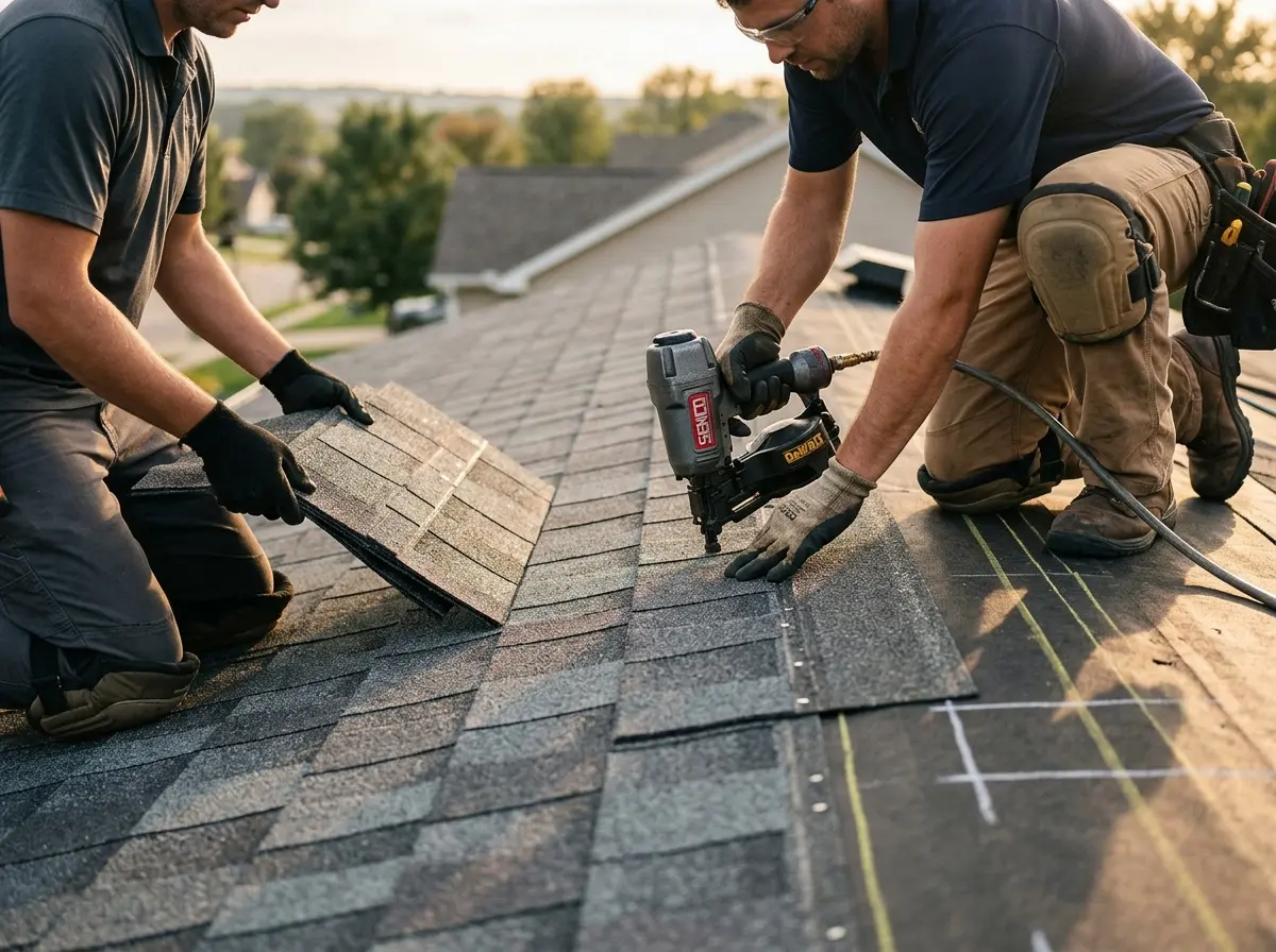 Professional roofer working on a residential roof in Hurley